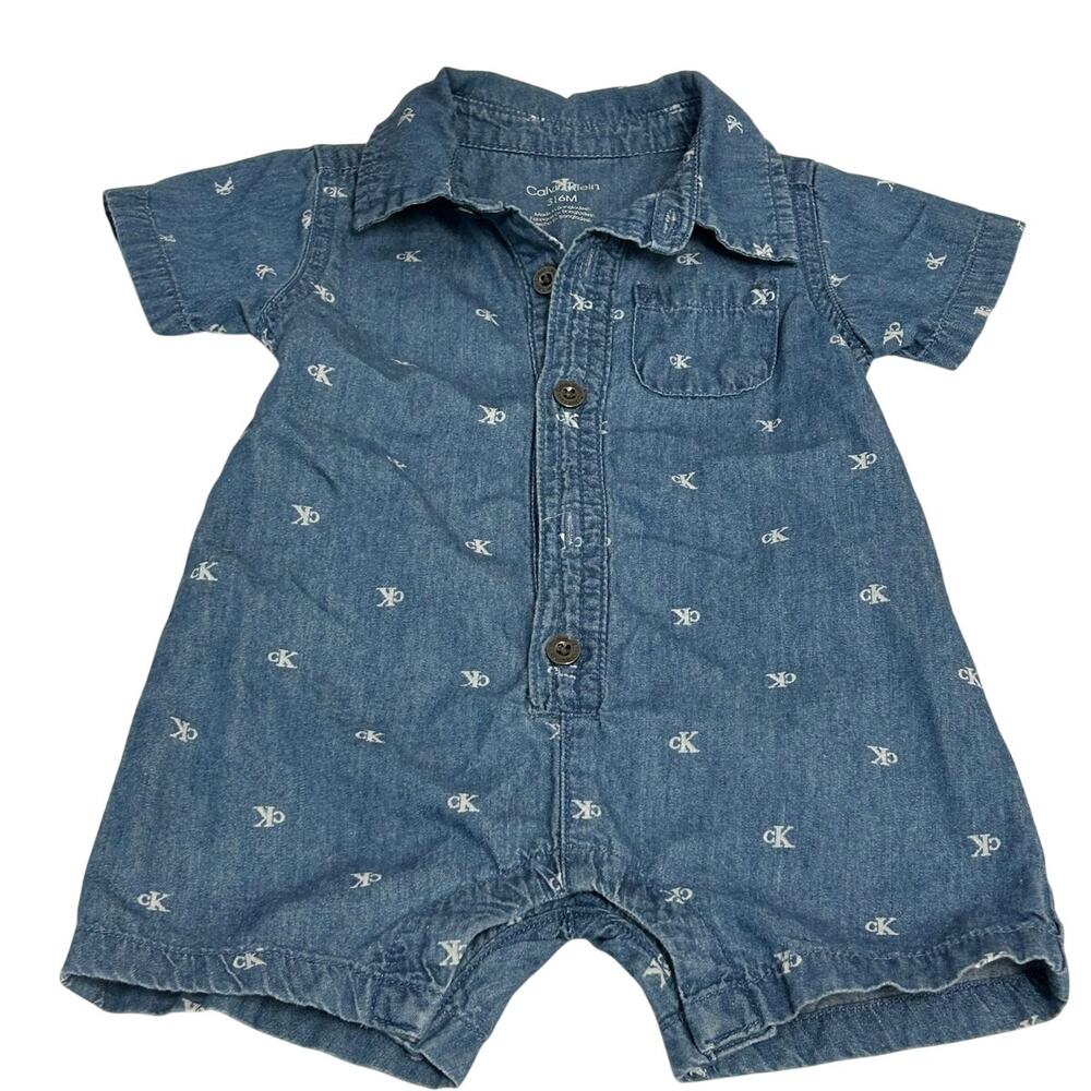 Calvin Klein blue denim 0-3 month romper collared short sleeve w/ck logo